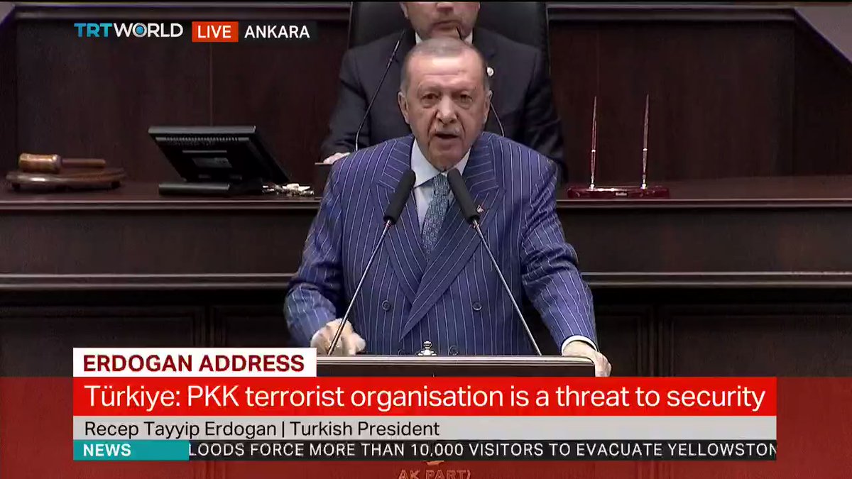 Turkish President Erdogan at AK Party meeting:  - We're aware of games being played against us with Greece - We'll approve Sweden, Finland's NATO bids once they rid of PKK militants - We're faced with same issue in some EU countries with PKK militants marching on their streets