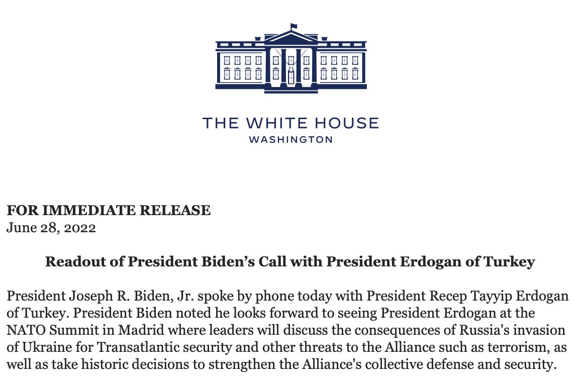 White House readout of Biden's call with Turkey's Erdogan ahead of their meeting at the NATO summit in Madrid