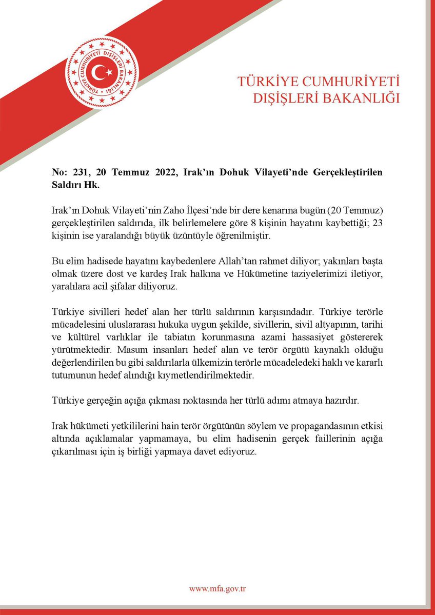 Turkey denies that it forces opened fire at Iraqi civilians in Duhok, says the PKK is the responsible party for the attack and says it is ready to cooperate to find out what really happened