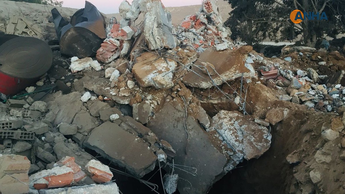 Tel_Tamr: Aftermath of Turkish strike targeting a point of Damascus govenment forces in the village of Tal Harmal, north of Zerkan district, killing 3 and others wounded