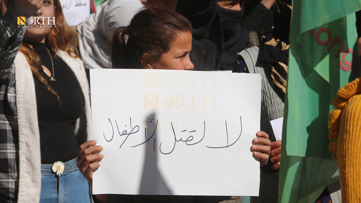 People in the town of Tel Tamr in the countryside of Hasakah in NE_Syria protest and condemn Turkish airstrikes on the region