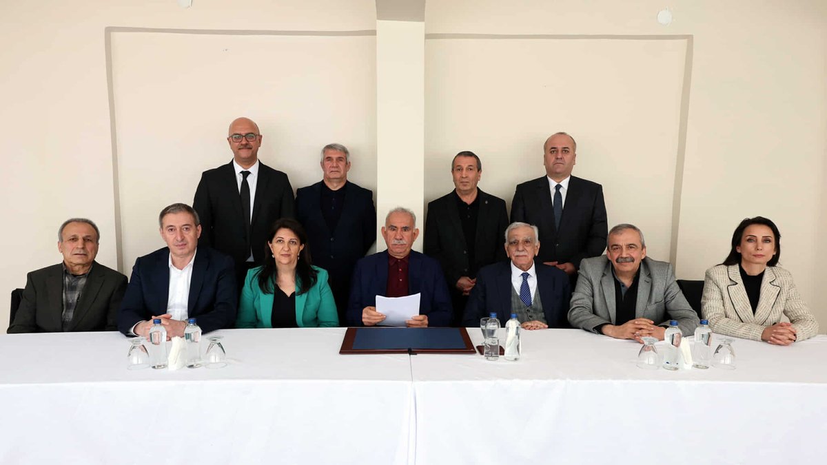 Jailed PKK leader Ocalan will publish a statement today which sets forward a new path to peace between the PKK and the Turkish state. Ahead of the statement this photo has been released, showing Ocalan with a delegation of the Kurdish DEM party