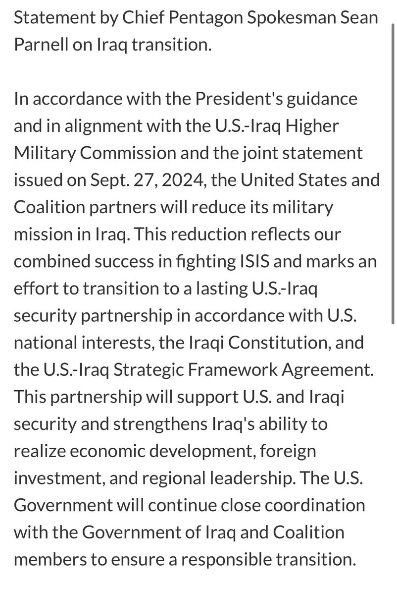 The US and Coalition partners will begin reducing their military mission in Iraq, shifting from combat to a long‑term security partnership — @DeptofWar