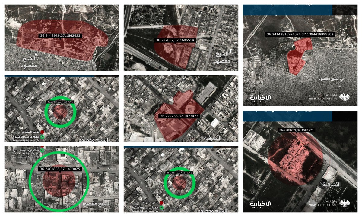 The Syrian Arab Army has identified eight locations in the Sheikh Maqsoud and Ashrafieh neighborhoods, urging residents to evacuate immediately for their safety, as these locations are being used by the SDF militia as military sites from which they shell neighborhoods and residents of Aleppo.