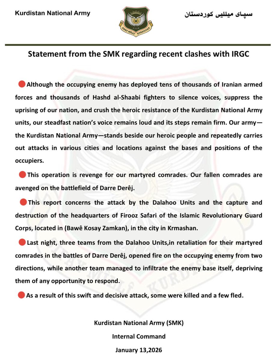 Le Parti de la liberté du Kurdistan affirme avoir pris d'assaut un quartier général des Gardiens de la révolution à Kermanshah et avoir attaqué une base située juste à l'extérieur de la ville, à Dareh Daraz. Il affirme également que des combattants irakiens sont présents dans la région du Kurdistan iranien.