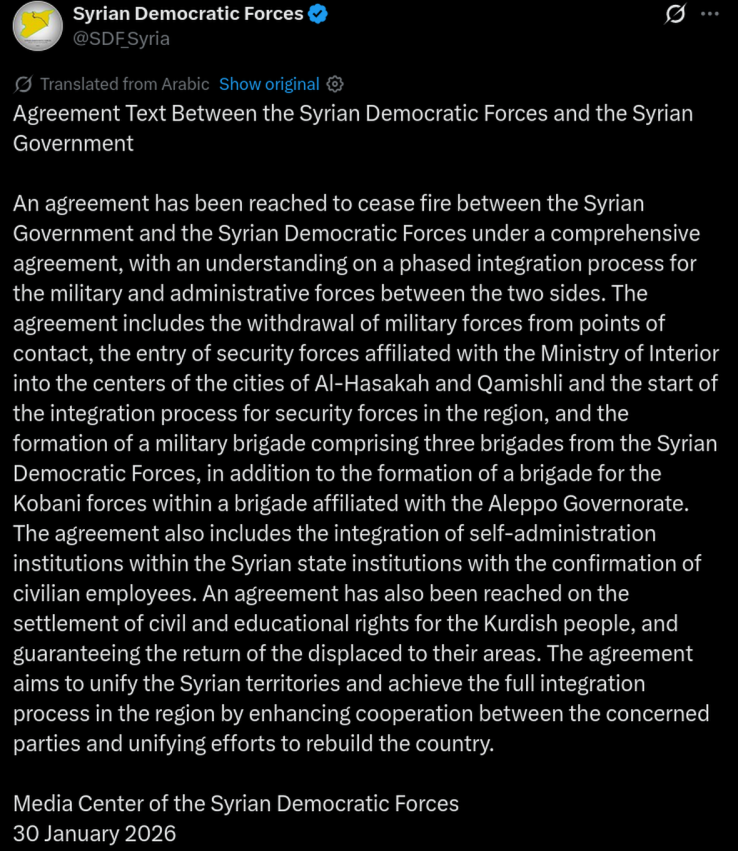 The Syrian Democratic Forces and the Syrian Government have reached a ceasefire under a comprehensive agreement