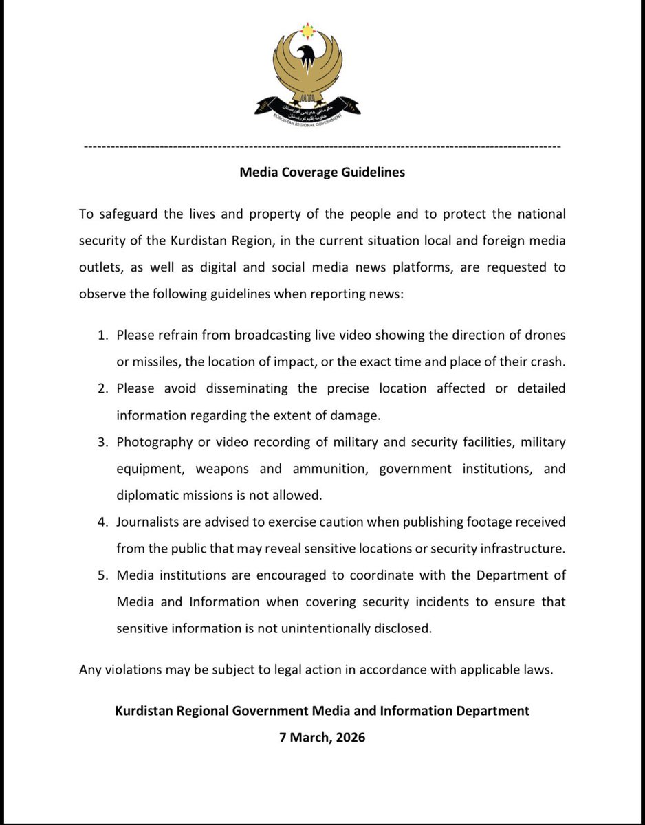 دستورالعمل‌های جدید دولت اقلیم کردستان برای پوشش رسانه‌ای در اقلیم کردستان