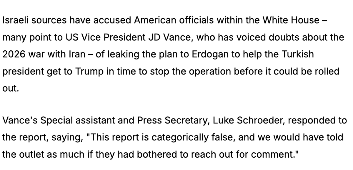 Israeli intelligence sources accuse VP JD Vance of leaking a Mossad plan to use Kurdish forces against Iran directly to Erdogan, who then lobbied Trump to kill it. Erdogan's red line: no Kurdish military force near Turkey's borders. Trump then vetoed the operation. Source: JPost